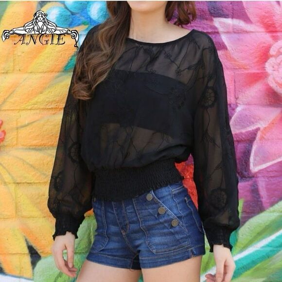 🔥PRICE IS FIRM!🔥 NEW ANGIE Embroidered Sheer Black Tops - Picture 5 of 5